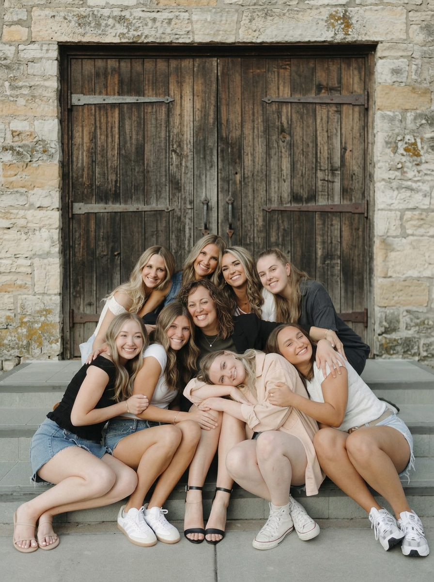 Set Free teachers seated together on stone steps in front of a rustic double door