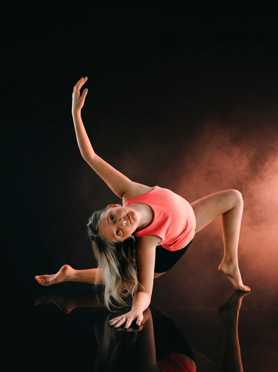 Young Set Free dancer in a contemporary floor pose on a dark stage