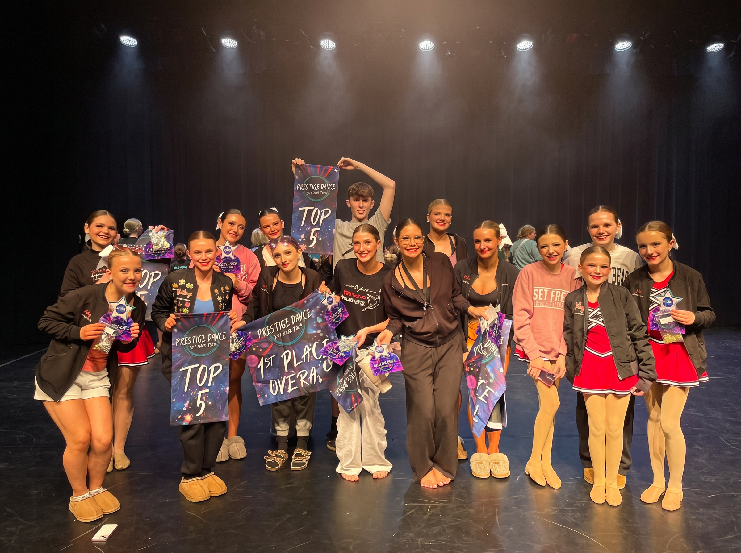 Set Free dancers and teachers celebrating first-place and Top 5 awards at Prestige Dance National Tour